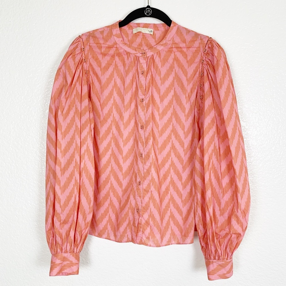 Ulla Johnson Rory Blouse Womens Size 2 Chevron Coral Cotton Buttons Cottagecore
